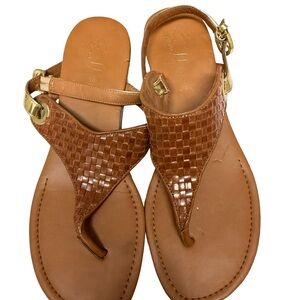 Franco Sarto Brown Woven Sandals with Gold Buckle